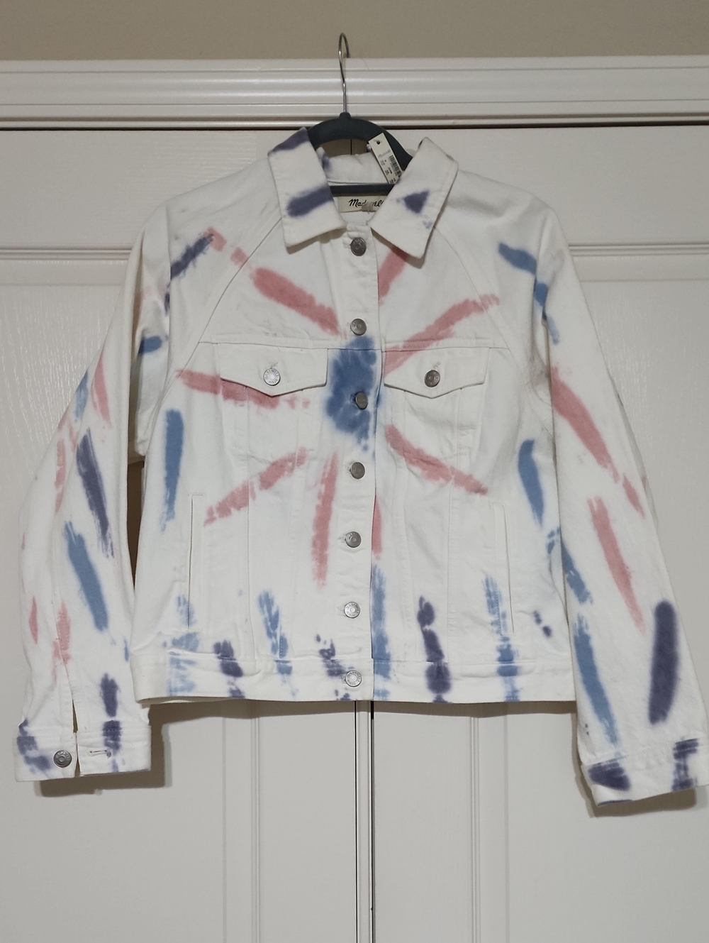 Madewell White Denim Jacket with Subtle Pink & Blue Tie-Dye. NWT
